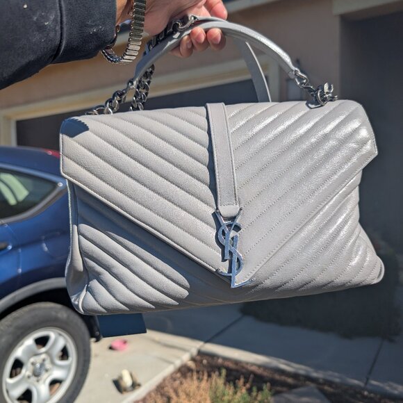 Saint Laurent College Large Flap YSL Shoulder Bag in Quilted Leather in Gray - Picture 1 of 16